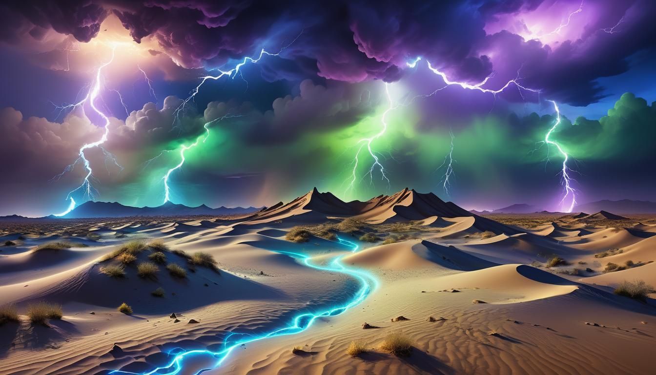Surreal Desert Storm with Neon Lightning