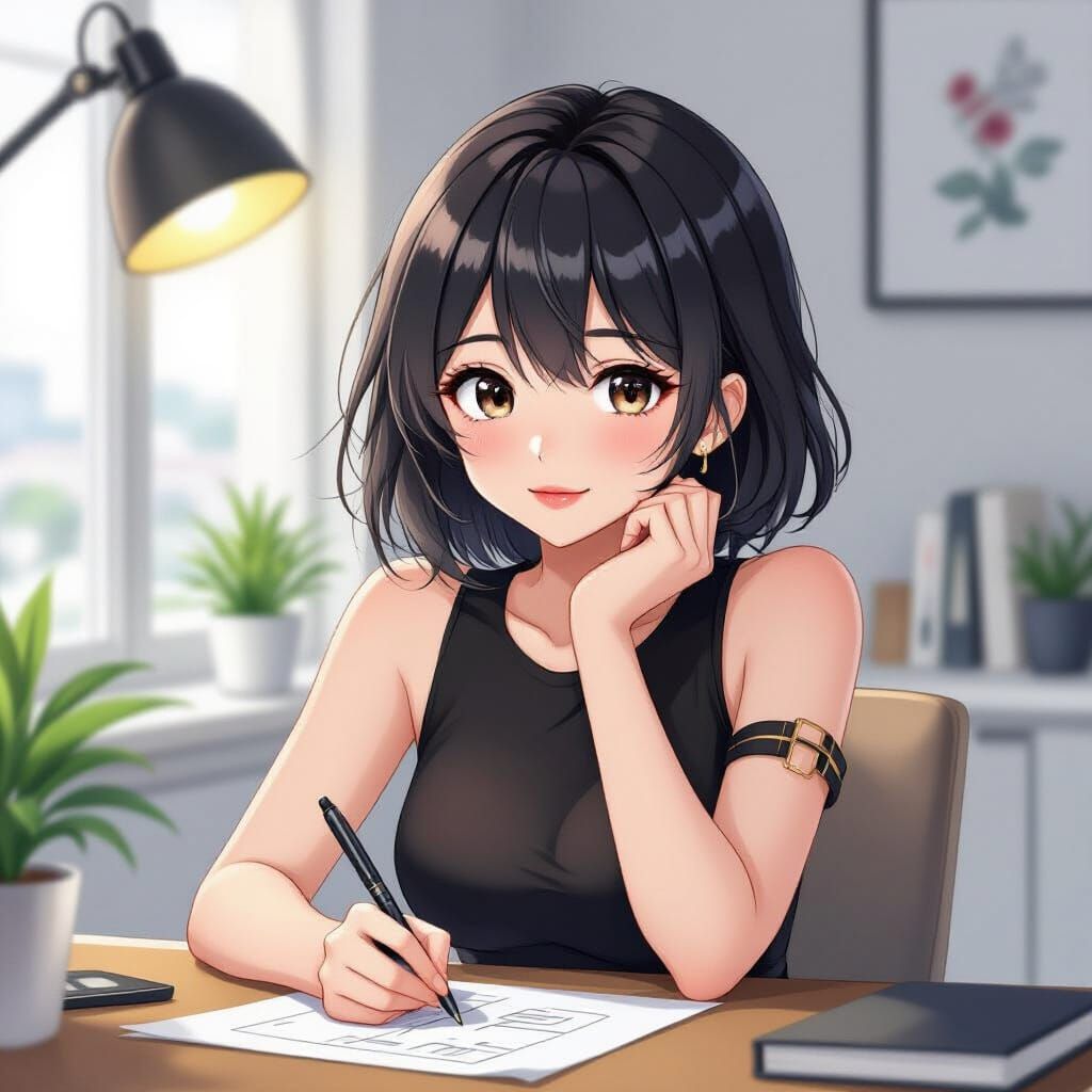 Anime Woman Designing Dreams in Artistic Style