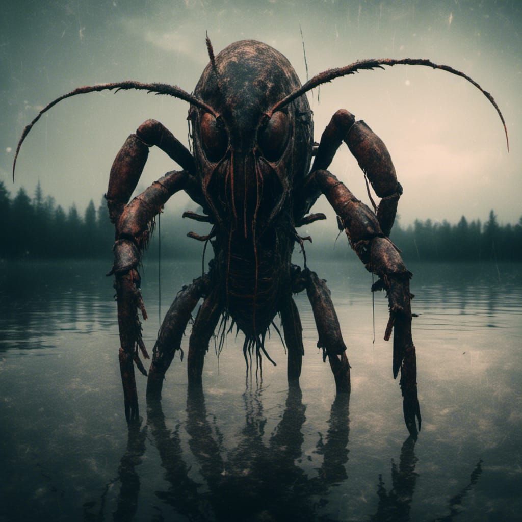 Macabre Humanoid Lobster by a Night Lake
