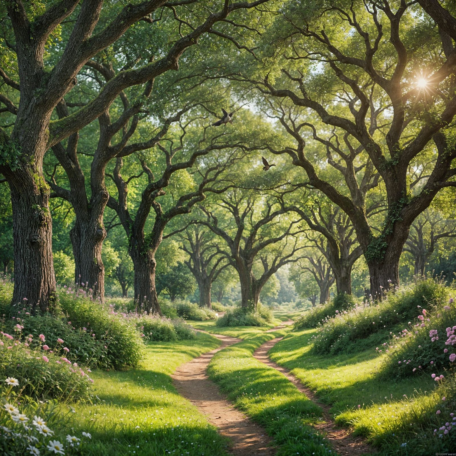 Lush Meadow with Oak Trees and Hummingbirds