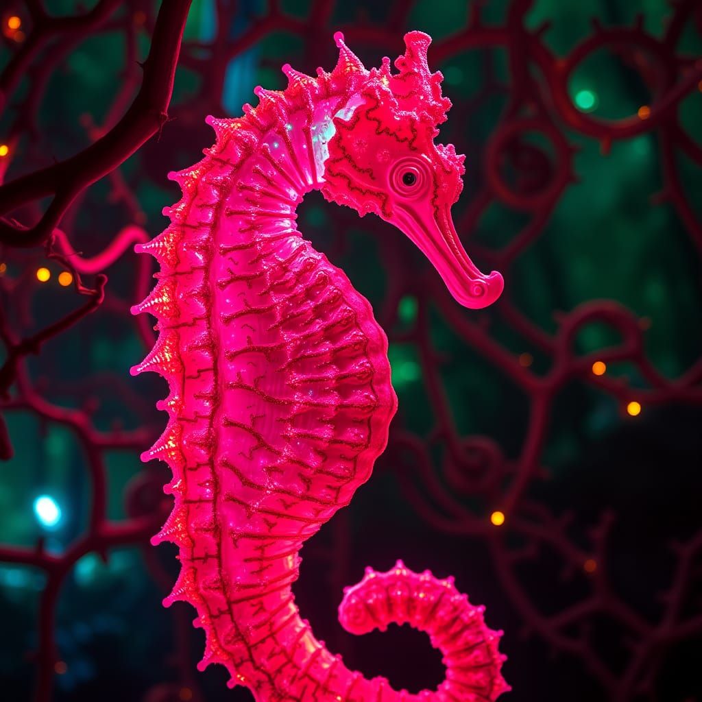 Neon Seahorse-Human Hybrid in Forest Exposure