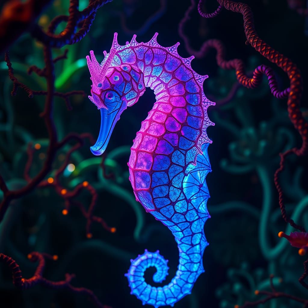 Seahorse-Human Hybrid in Neon Mycelium Network