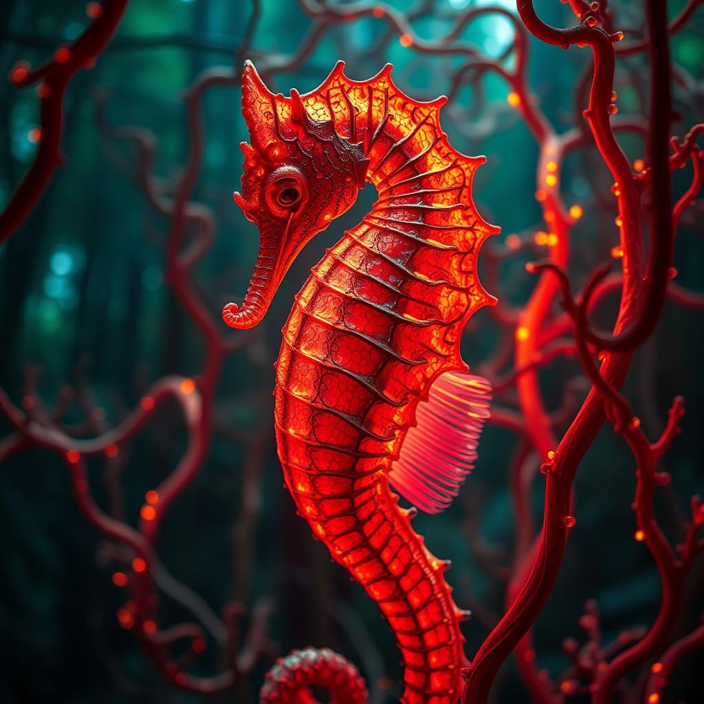 Seahorse-Human Hybrid in Mycelium Network, Neon Lighting