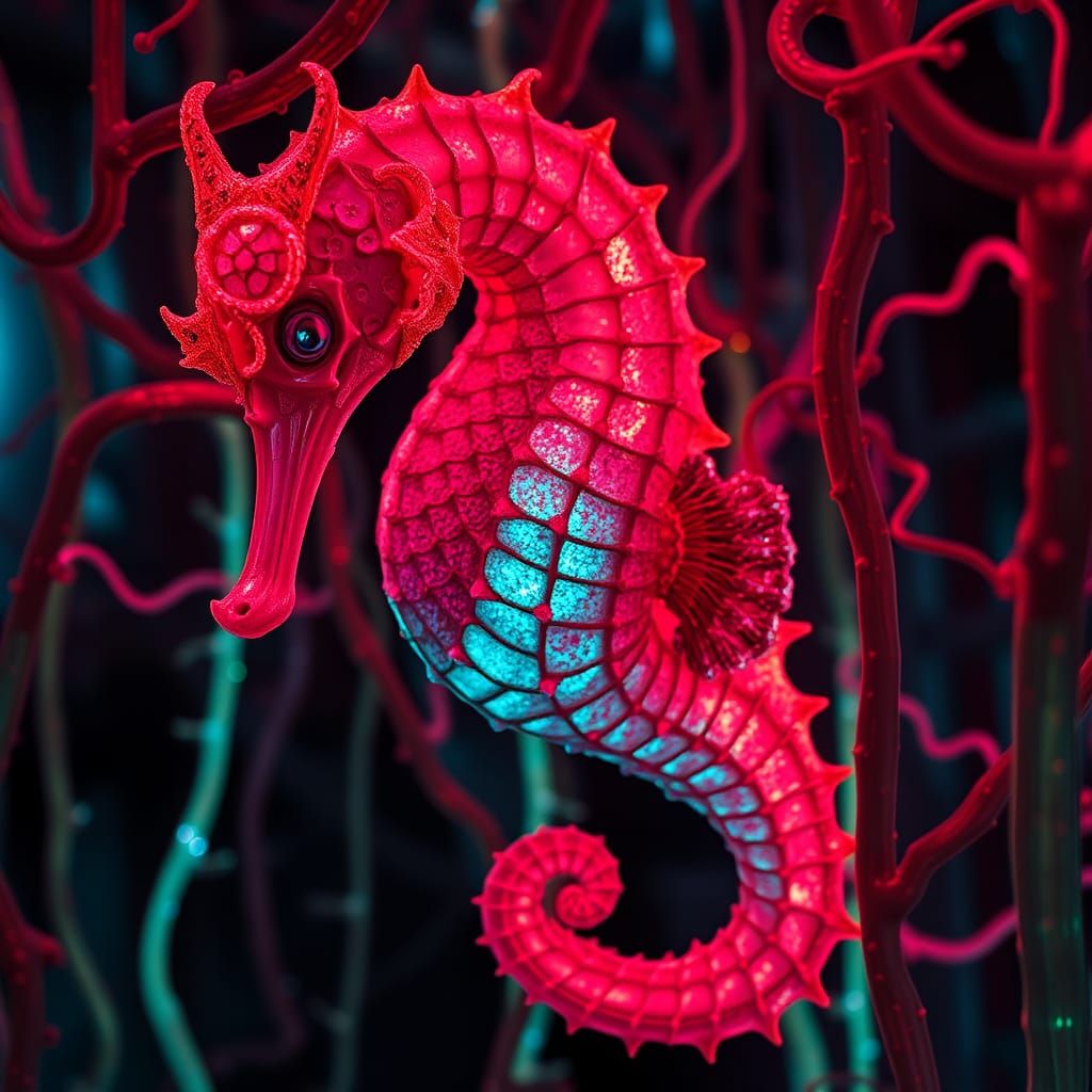 Neon Seahorse Woman in Mycelium Network