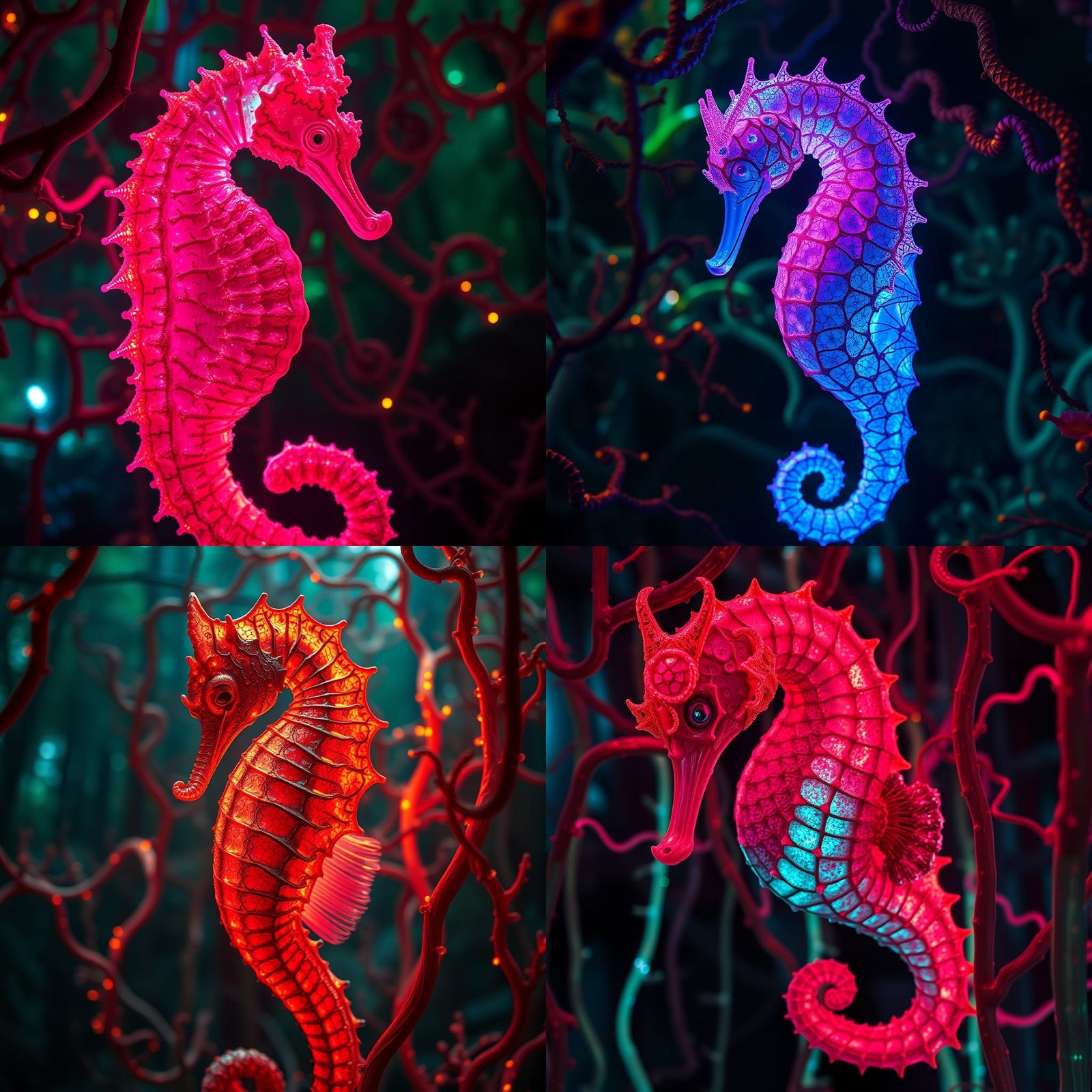 Seahorse-Human Hybrid in Mycelium Network with Neon Lighting