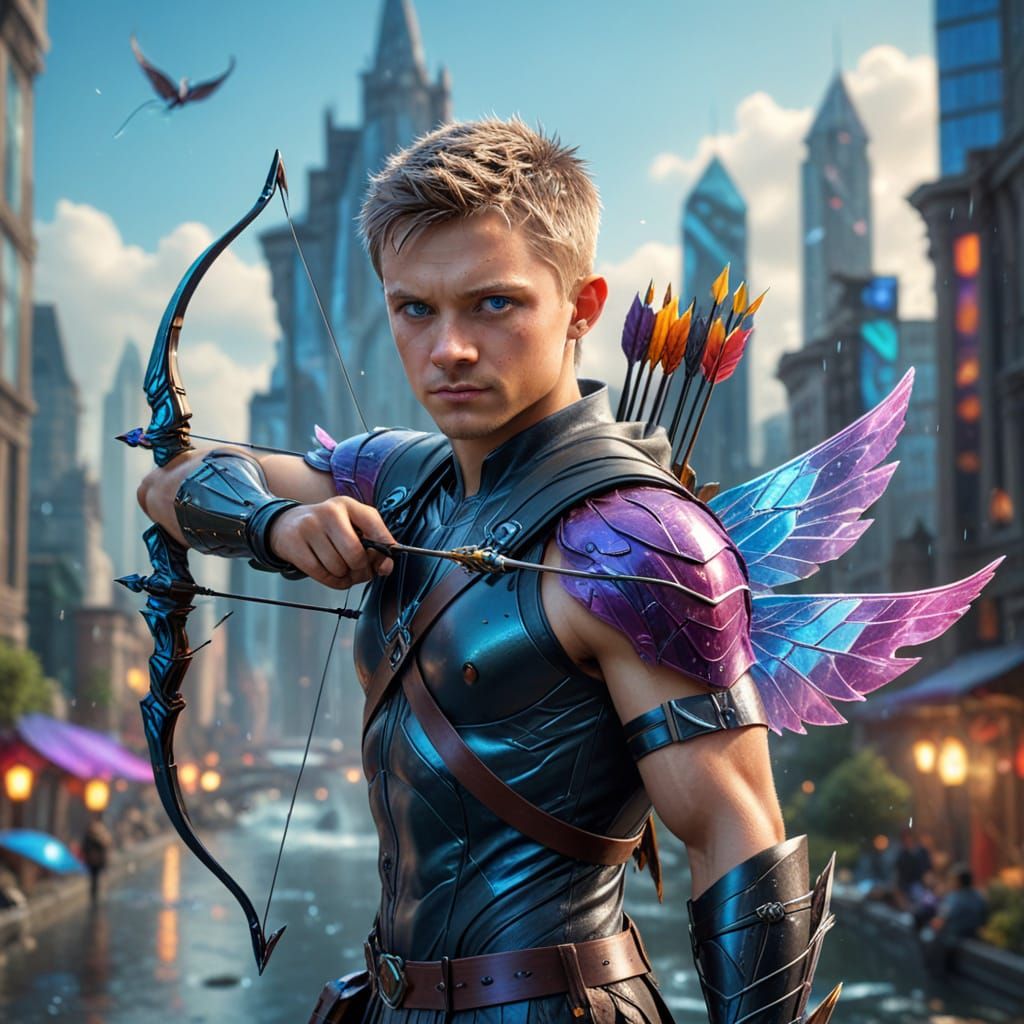 Epic Fantasy Archer in Futuristic Cityscape