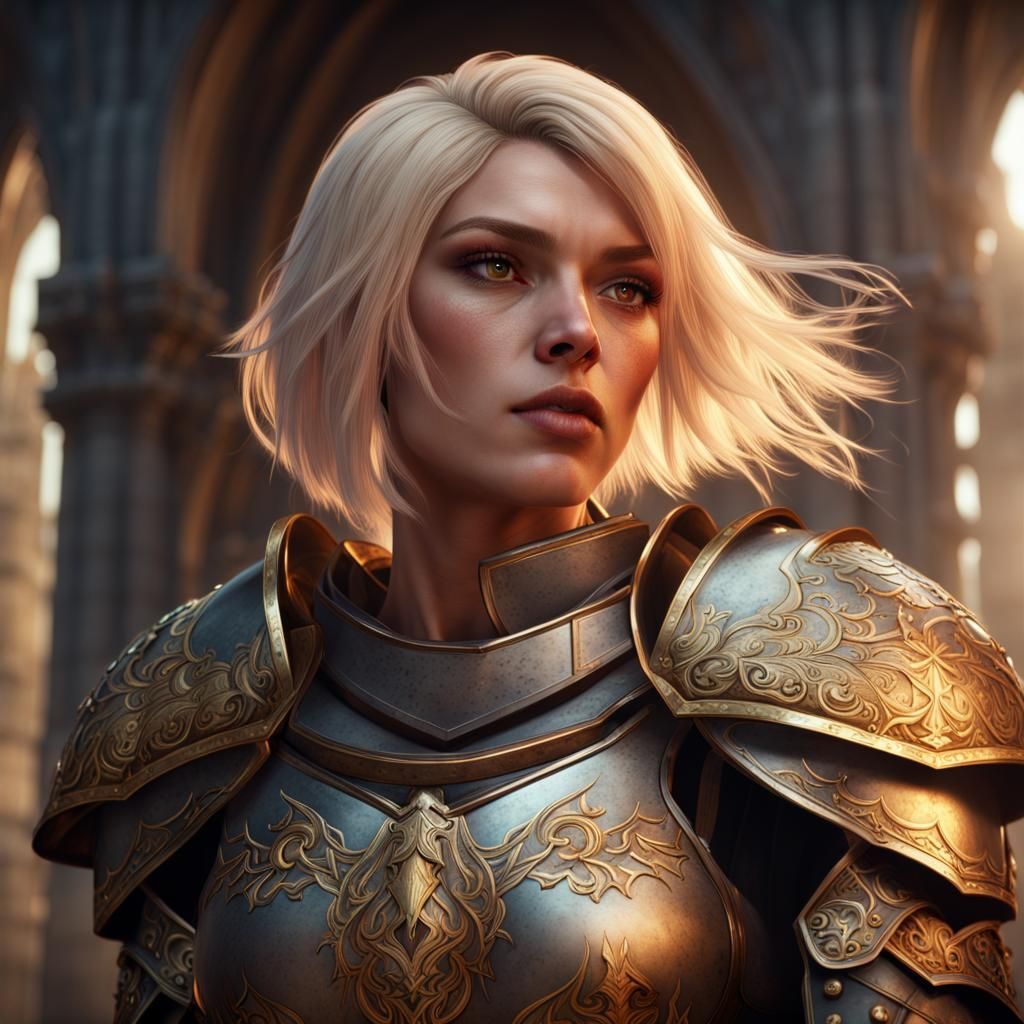 Aasimar Cleric in Plate Armour: Fantasy Art