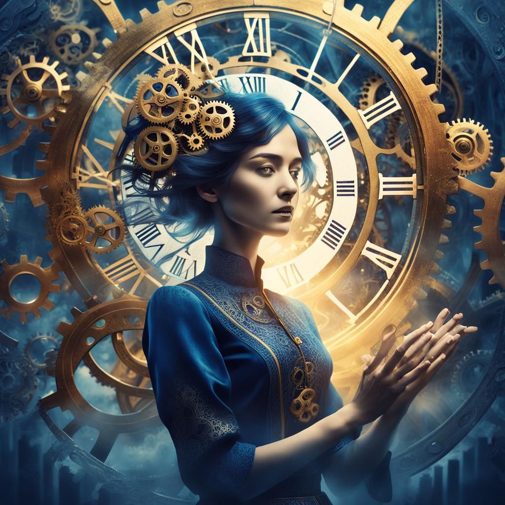 Woman Manipulating Time with Clockwork Gears