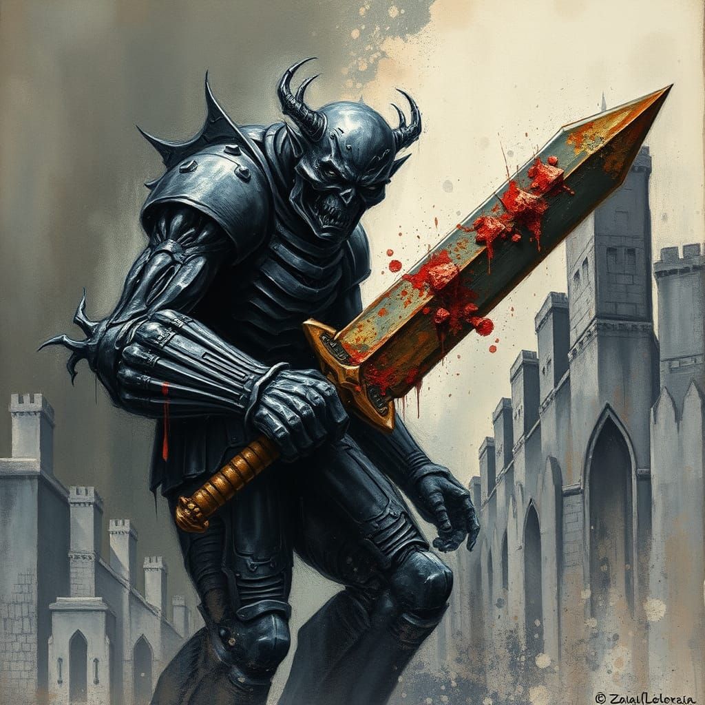 Ominous Golem Holding Sword in Expressionist Style