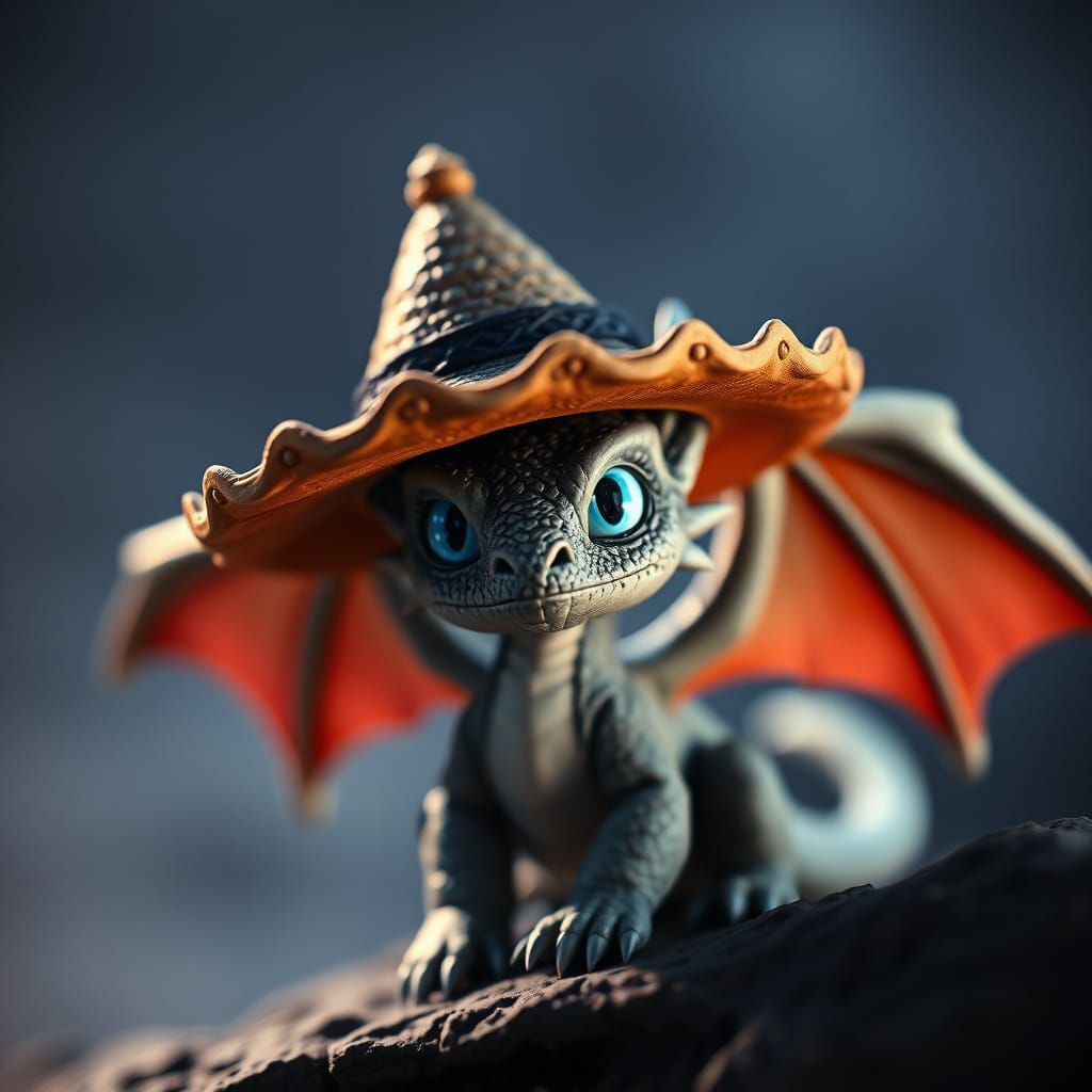 Cute Gray Dragon with Sombrero in Realistic Style
