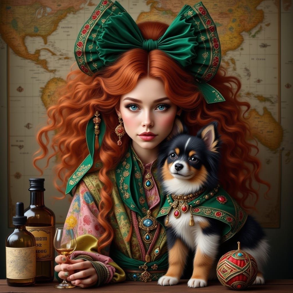 Bohemian Woman with Curly Hair and Emerald Bow