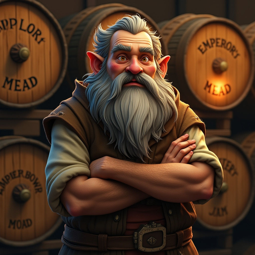 Gnome Brewer Portrait in Rustic Tavern, Digital Art
