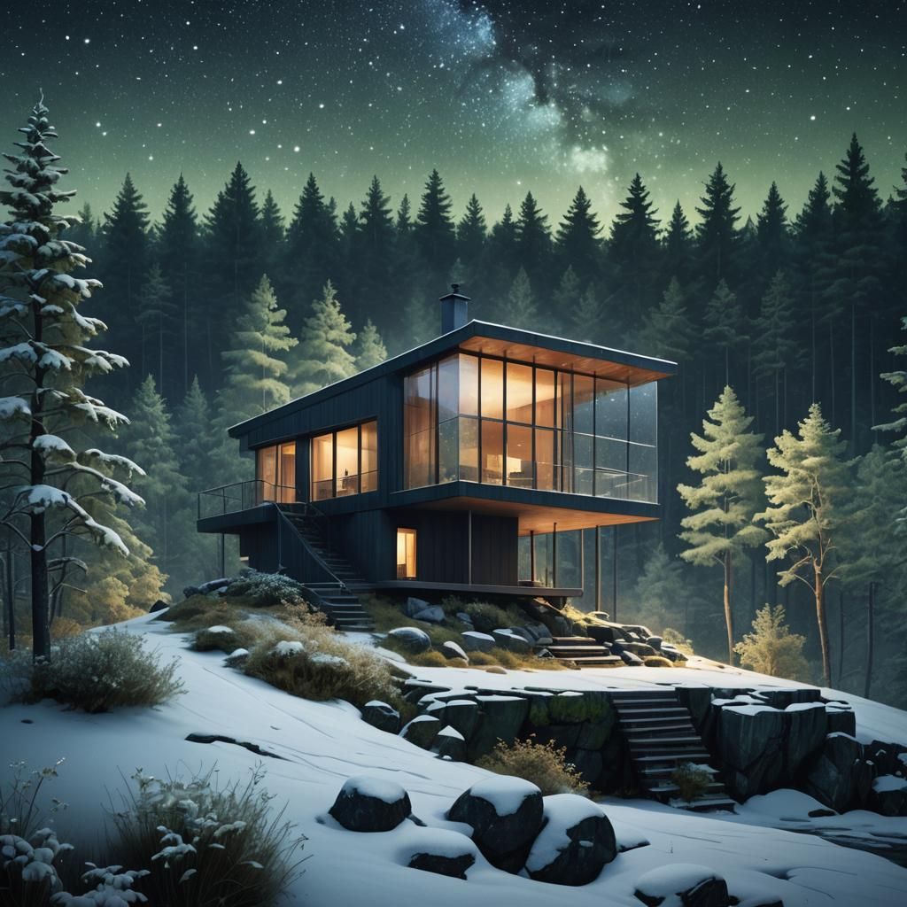 Mountain Cottage Under Starry Sky in Post-Modern Style