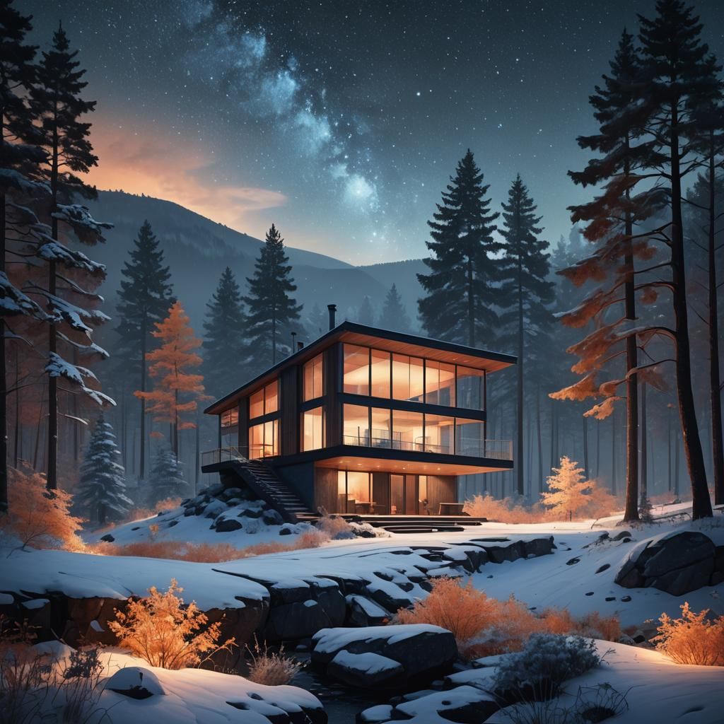 Minimalist Glass Cottage in Forest, Digital Matte Painting