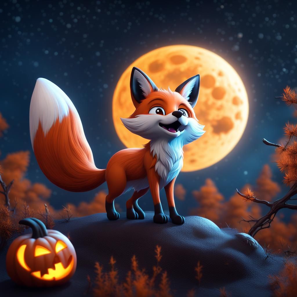 Cute Halloween Fox Howling at Moonlit Sky