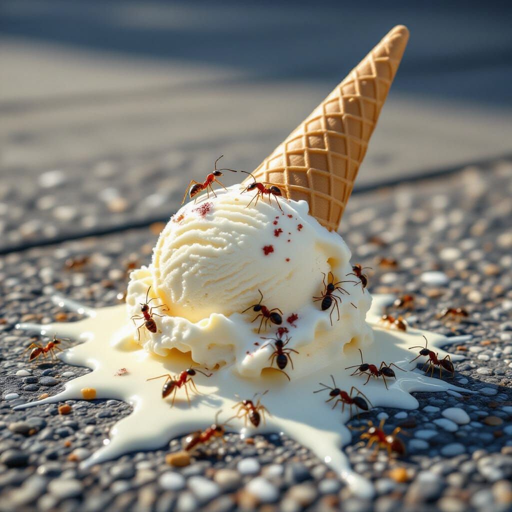Detailed Macro of Ice Cream Splatter with Ants