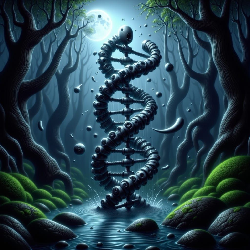 DNA Strand of Bolts and Screws in Swamp