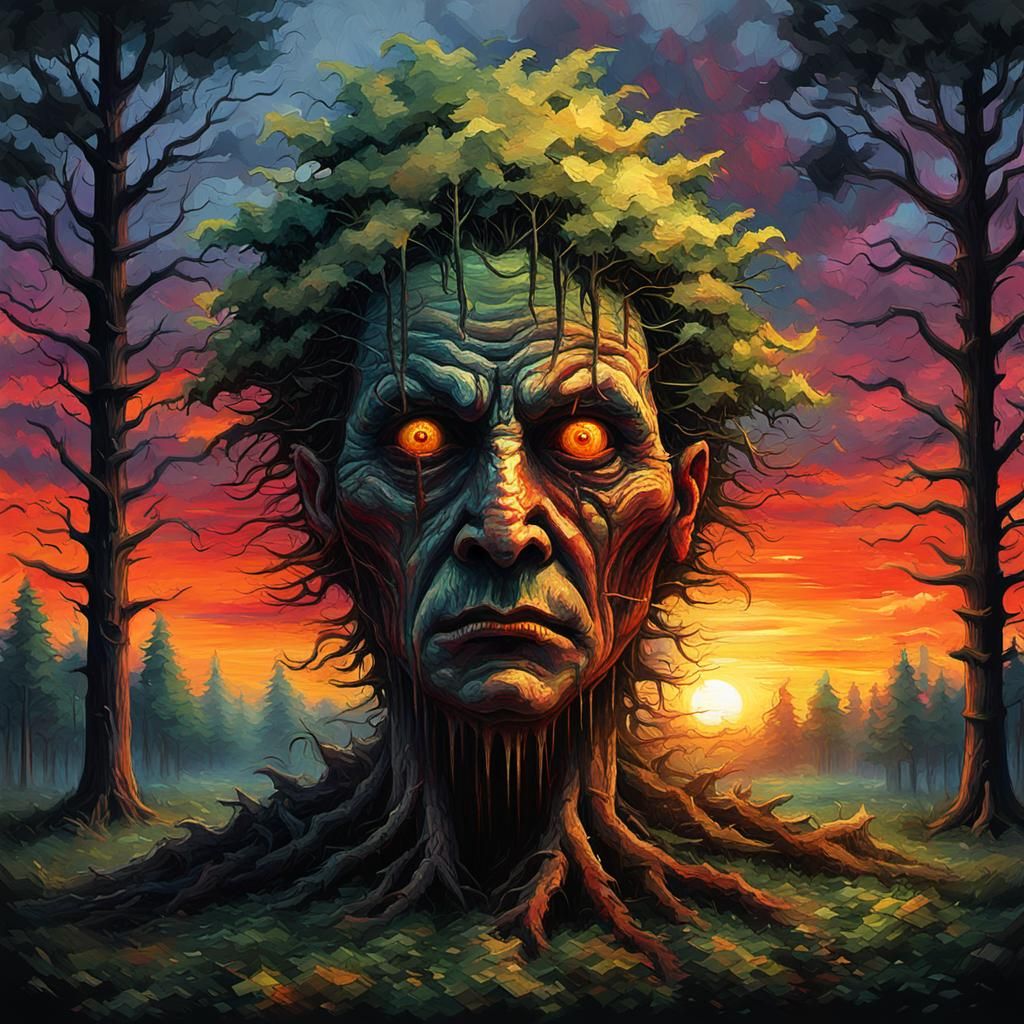 Grotesque Face in Pixelated Impressionist Landscape