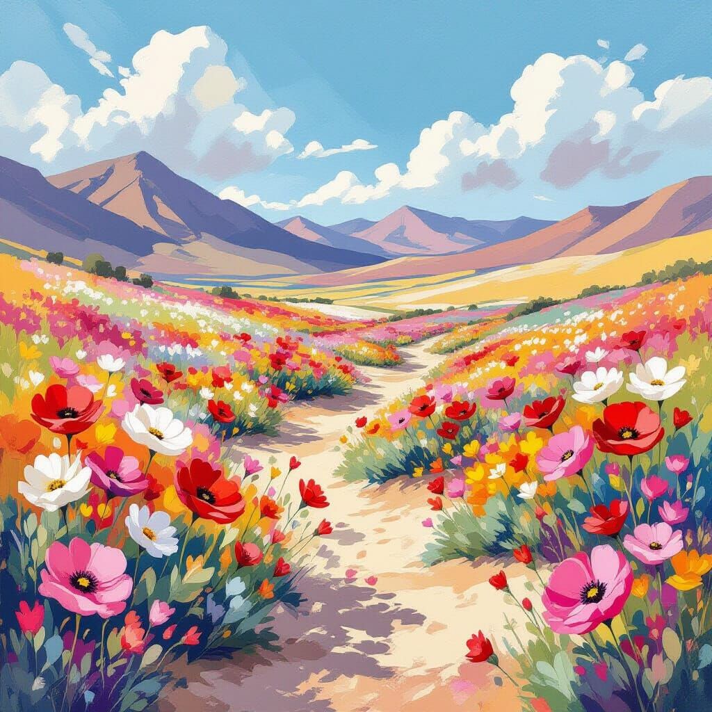 Atacama Desert in Bloom, Gouache-Inspired Landscape