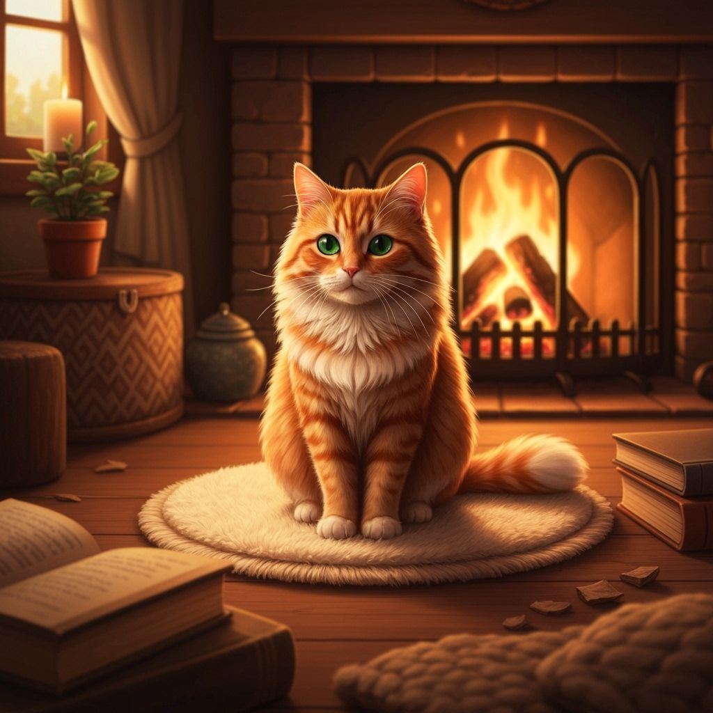 Cozy Fireplace Cat, Storybook Illustration
