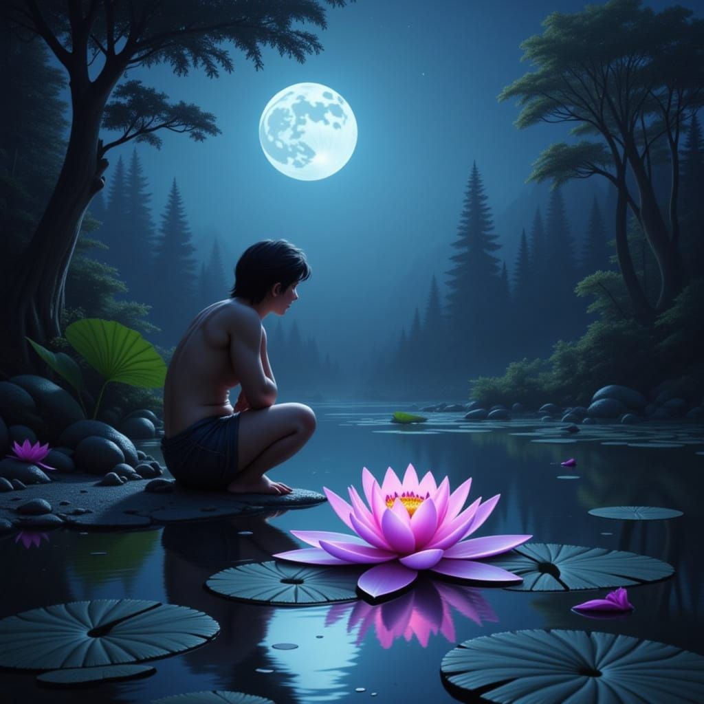 Dusk Garden Serenity: Figure Contemplates Lotus by Moonlight