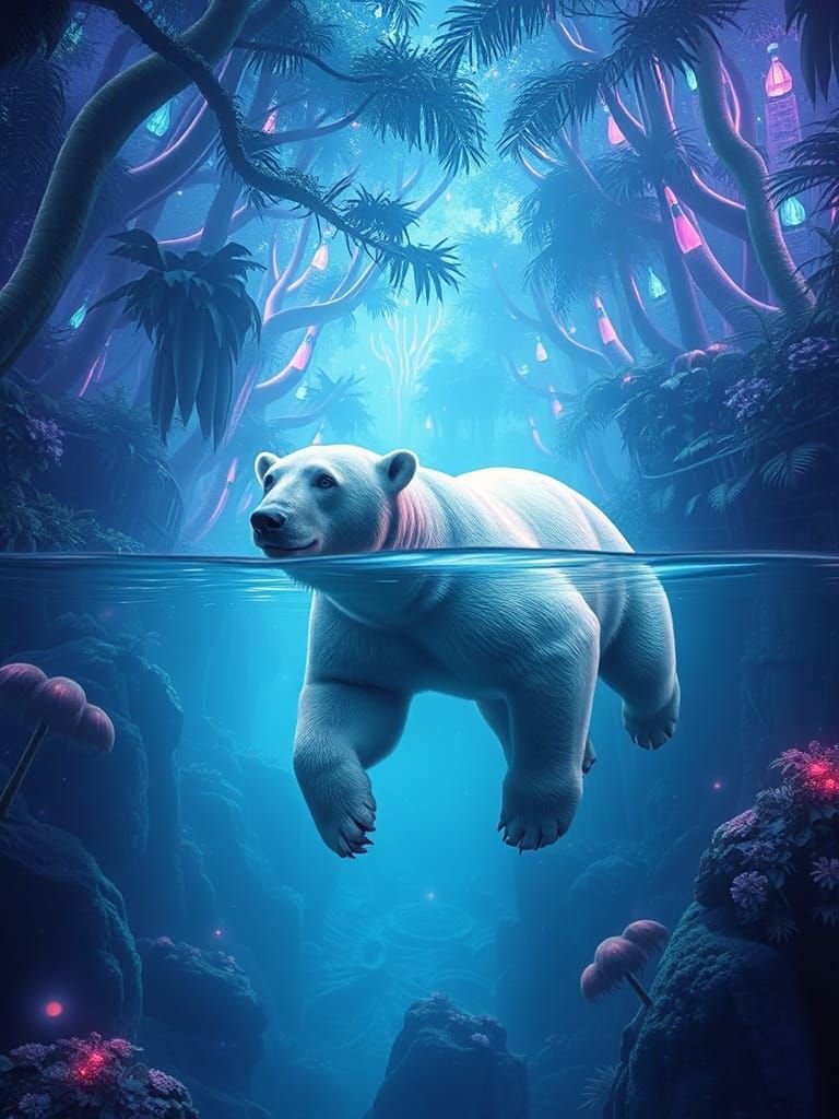 Polar Bears Swim Amazon in Stained Glass Style