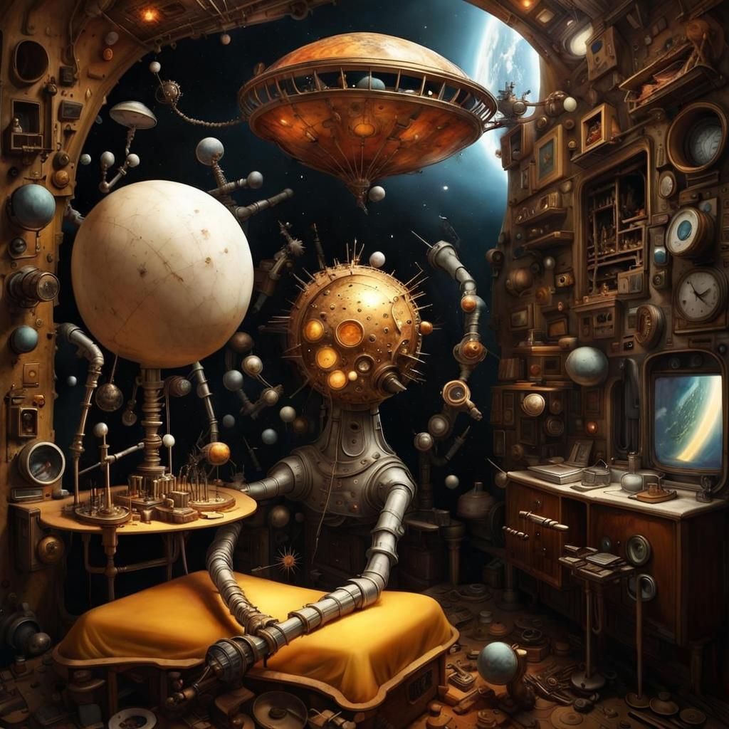 Surreal Spaceships Orbiting in Ethereal Dreamscape