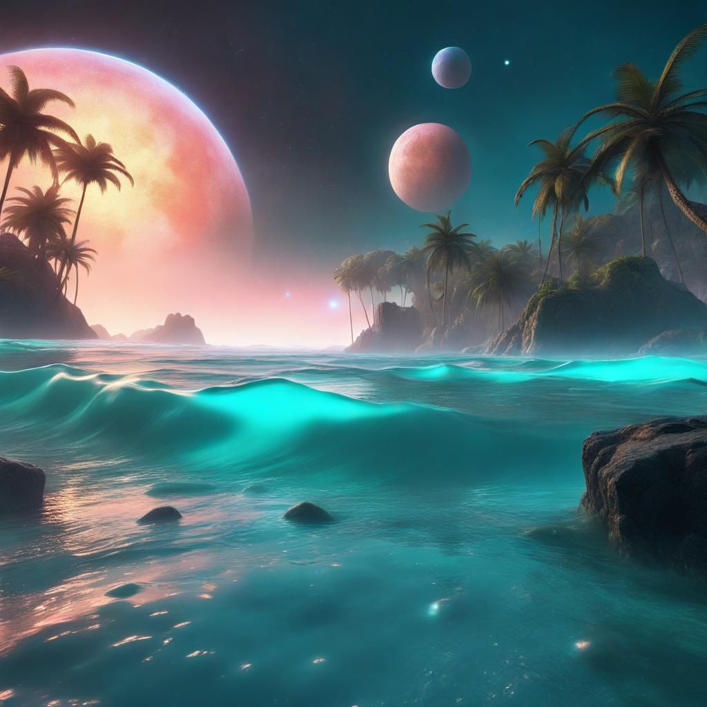 Alien Beach with Bioluminescent Jungle, Fantasy Art