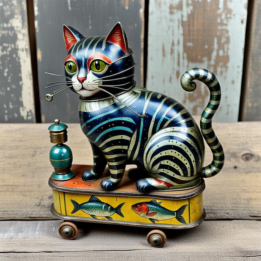 Antique Litho Wind-Up Cat Toy on Wood Table