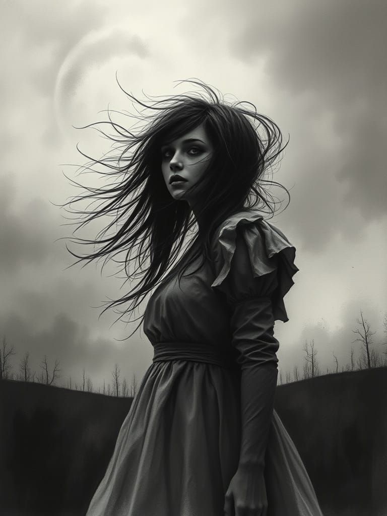 Ethereal Ghost Woman in Haunting Grayscale Landscape