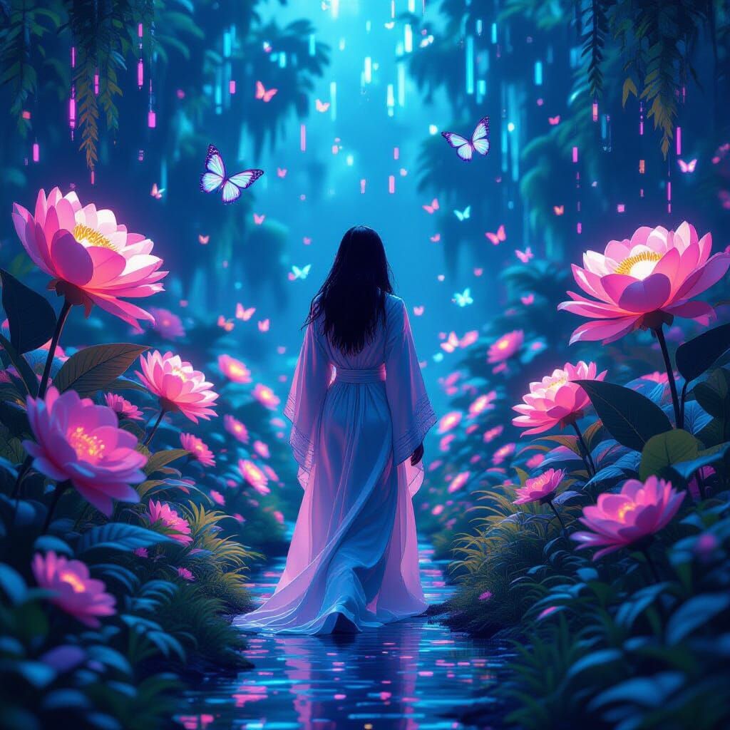 Virtual Human in Digital Garden with Vaporwave Aesthetic