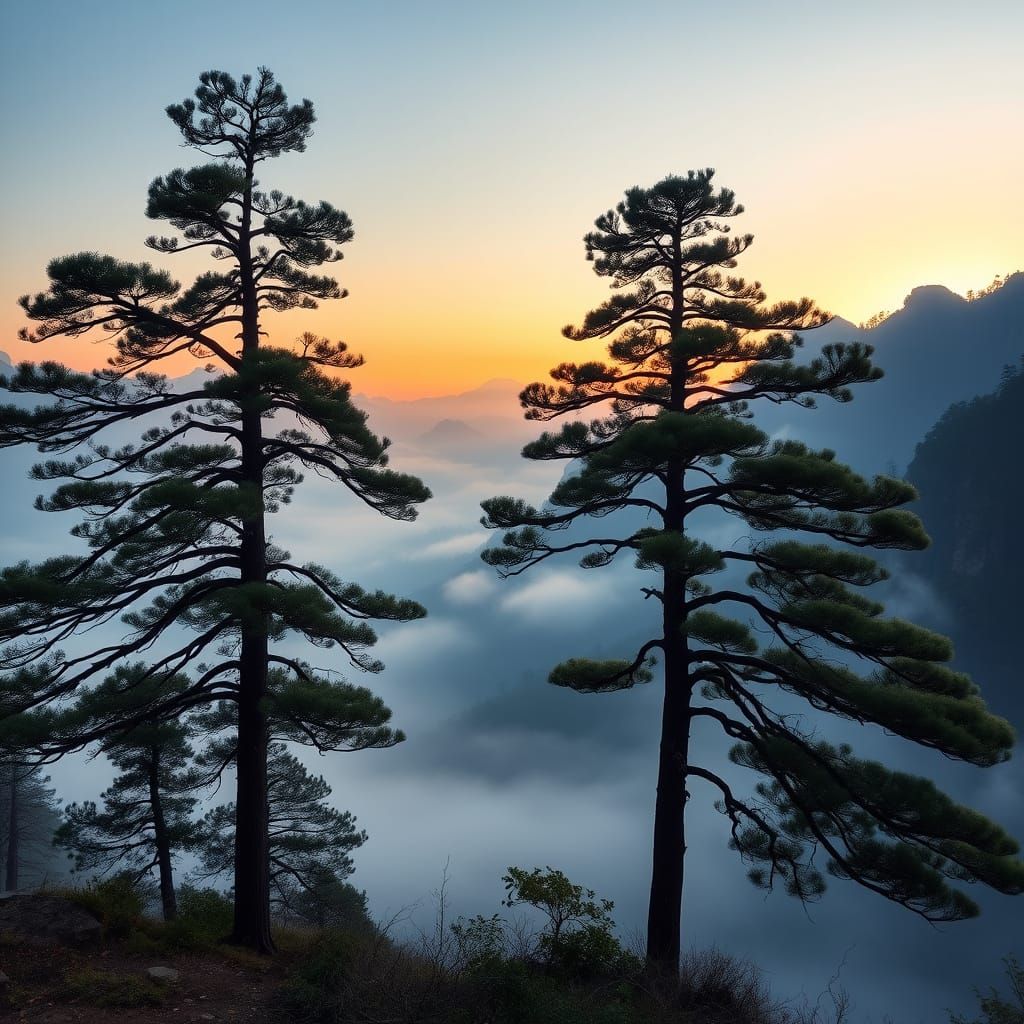 Serenely Standing Pine Trees Amidst Huangshan Mountains in U...