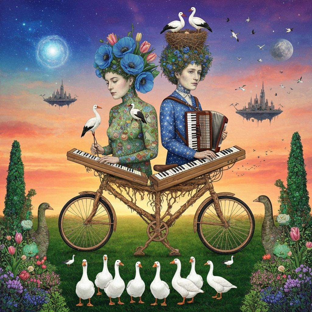 Ethereal Figures Compose Poems in Surreal Cosmic Garden