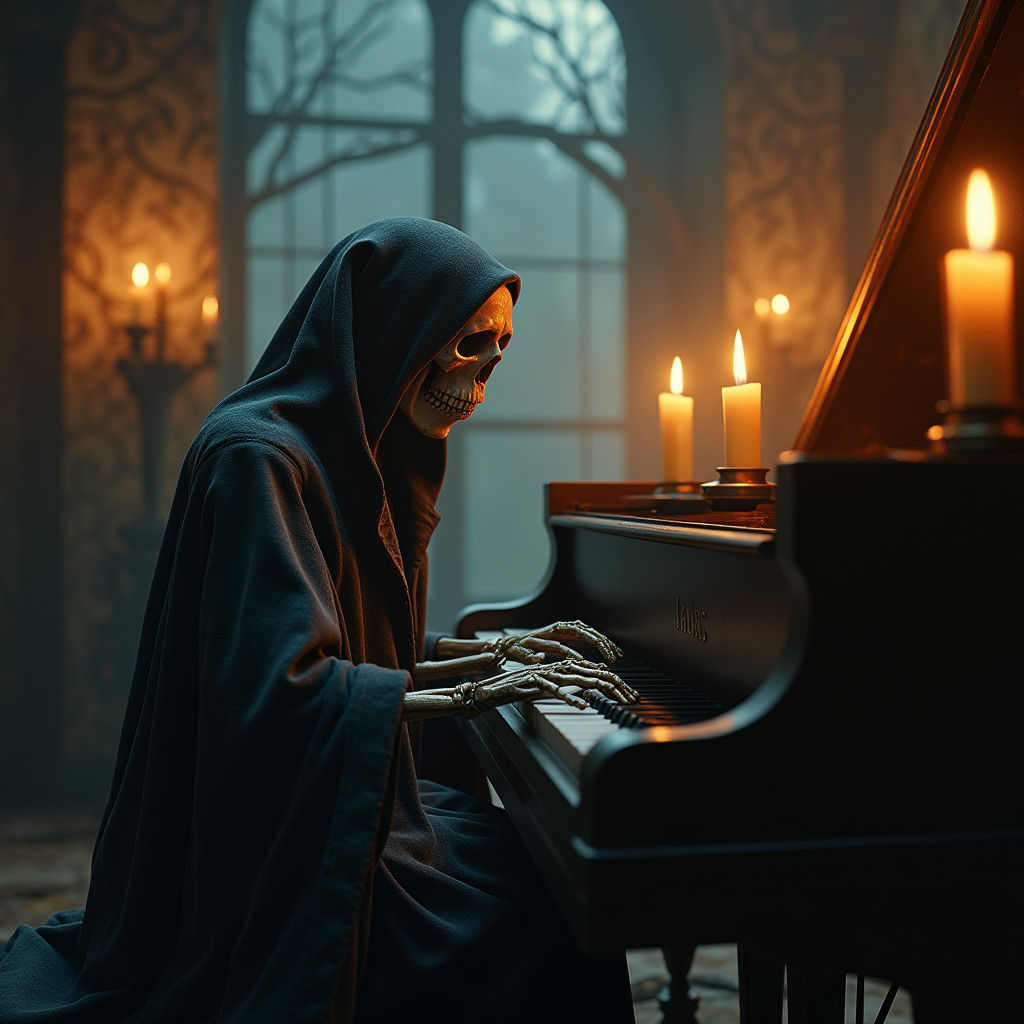 Ethereal Skeleton Plays Piano in Dark Fantasy Style