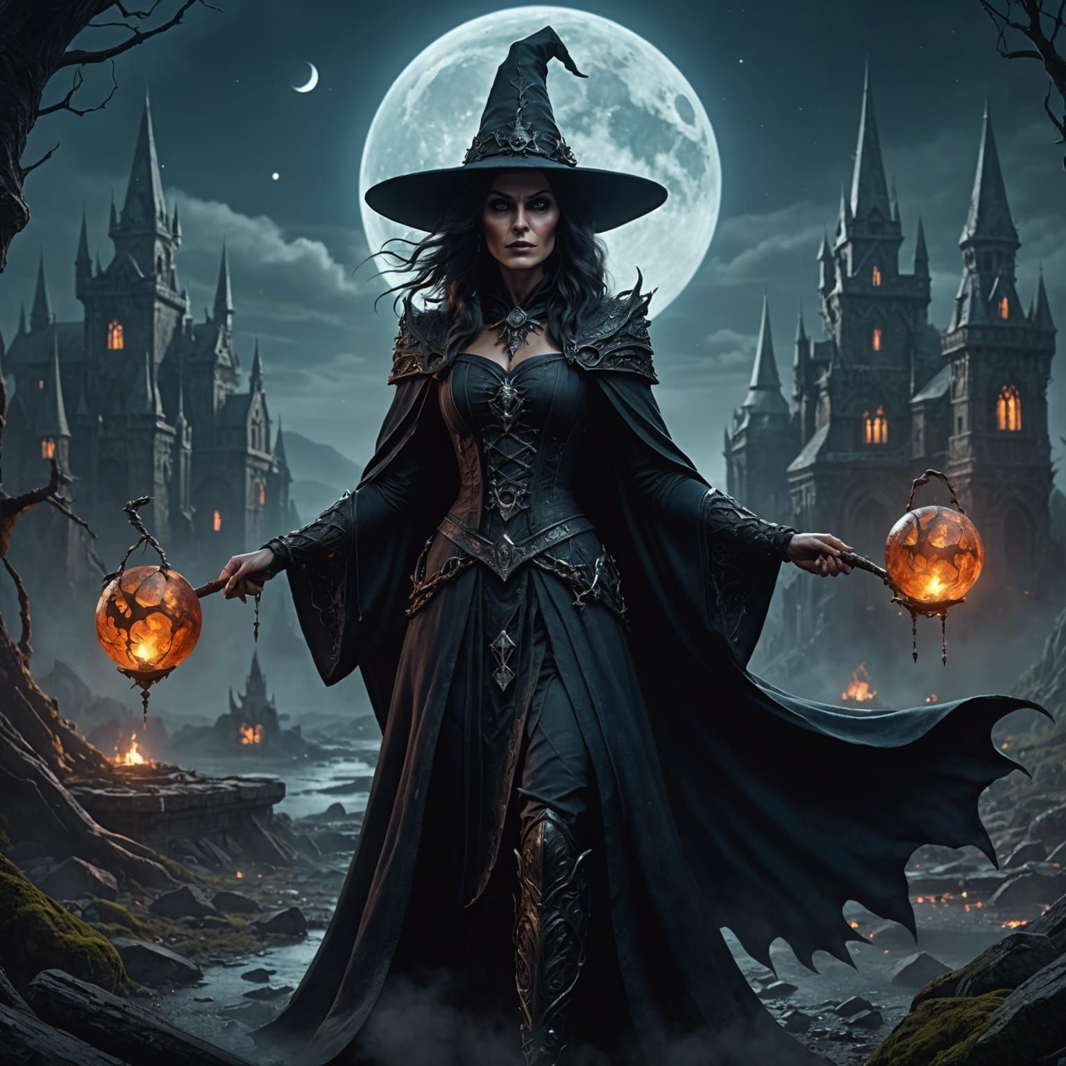 Mysterious Witch in Luminous Moonscape