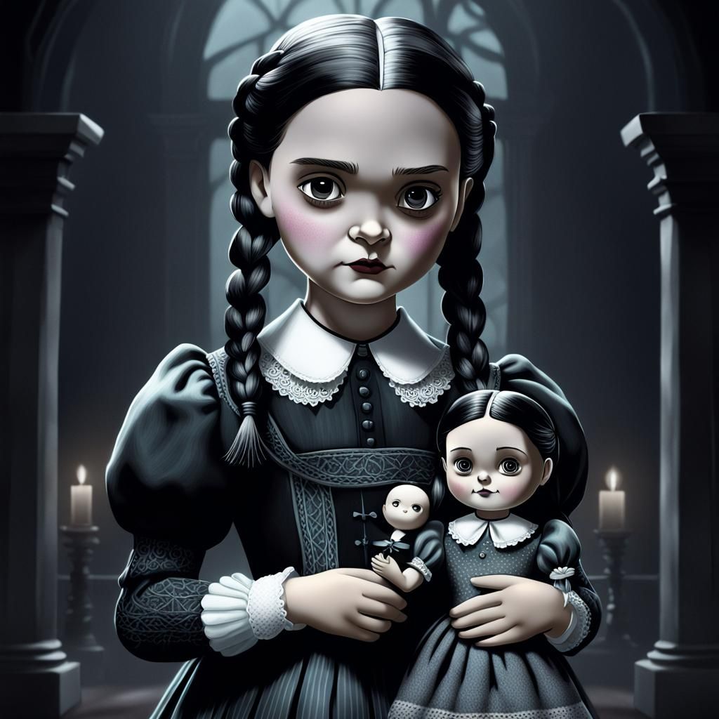 A detailed illustration of Wednesday Addams in a dark, atmos...