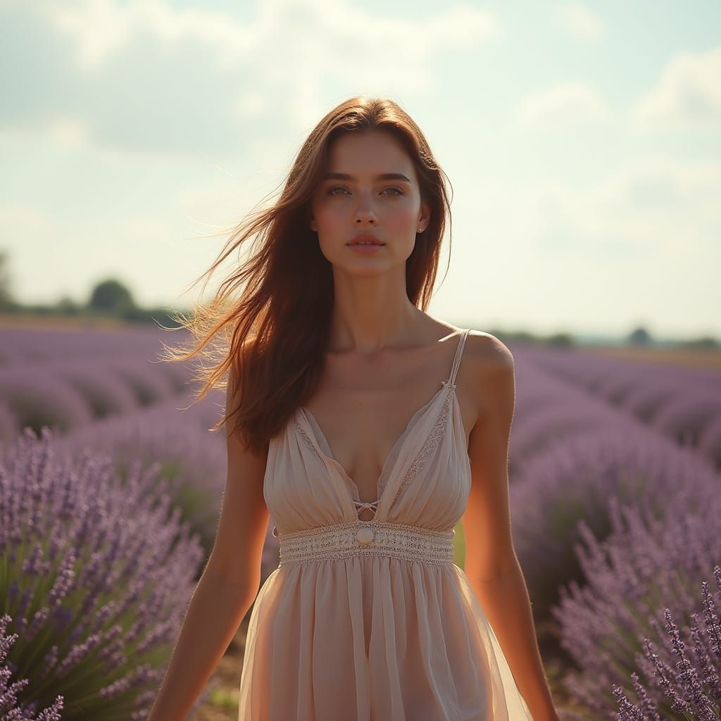 Woman in Lavender Field: Hyperrealistic Cinematic Style