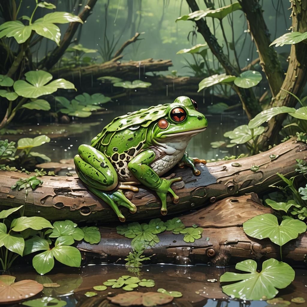 Anime Frog on Wet Log in Manga Style