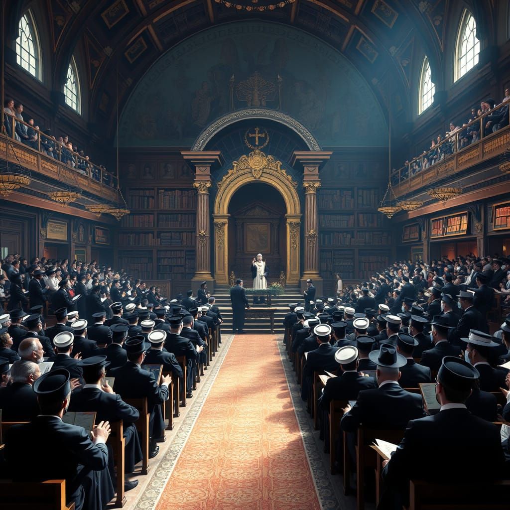 Vibrant Orthodox Synagogue Scene in Traditional Attire