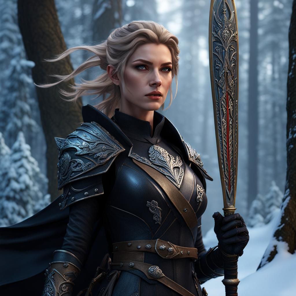 High Fae Warrior in Snowy Forest, Fantasy Art