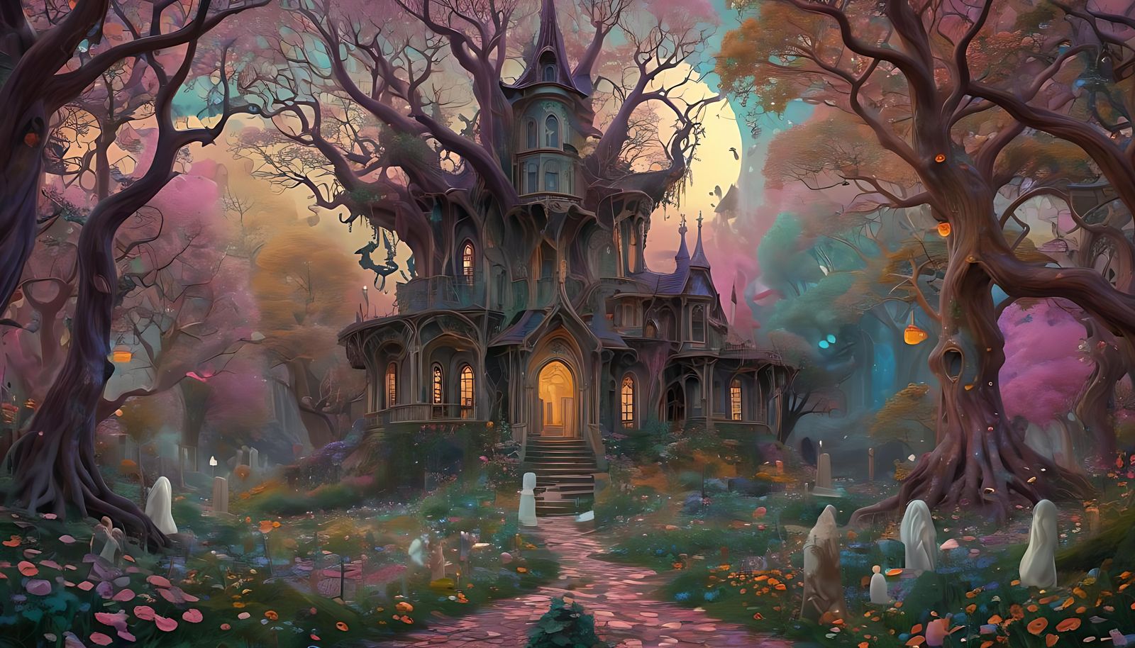 Magical Realm Haunted by Nature's Spirits in Pastel
