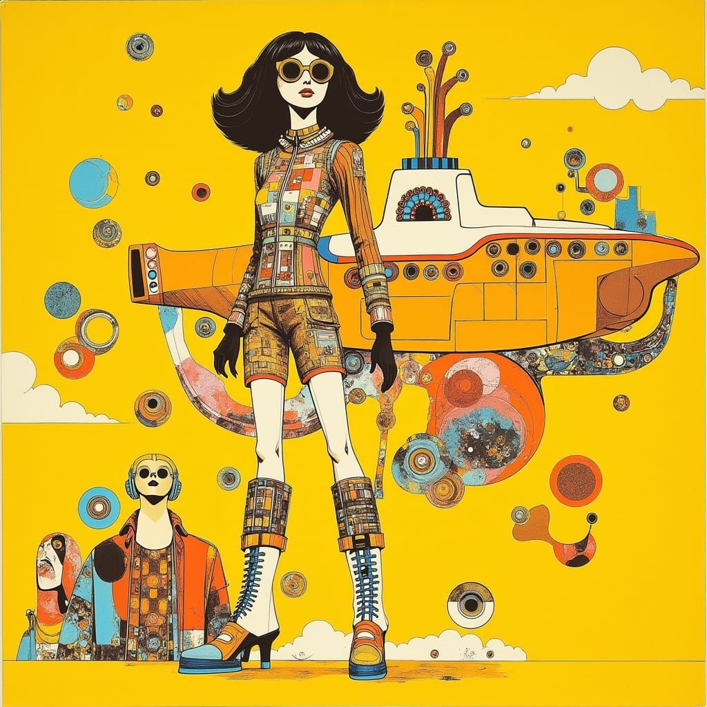 Psychedelic 70s Artwork of a Submarine in a Musical Harmony