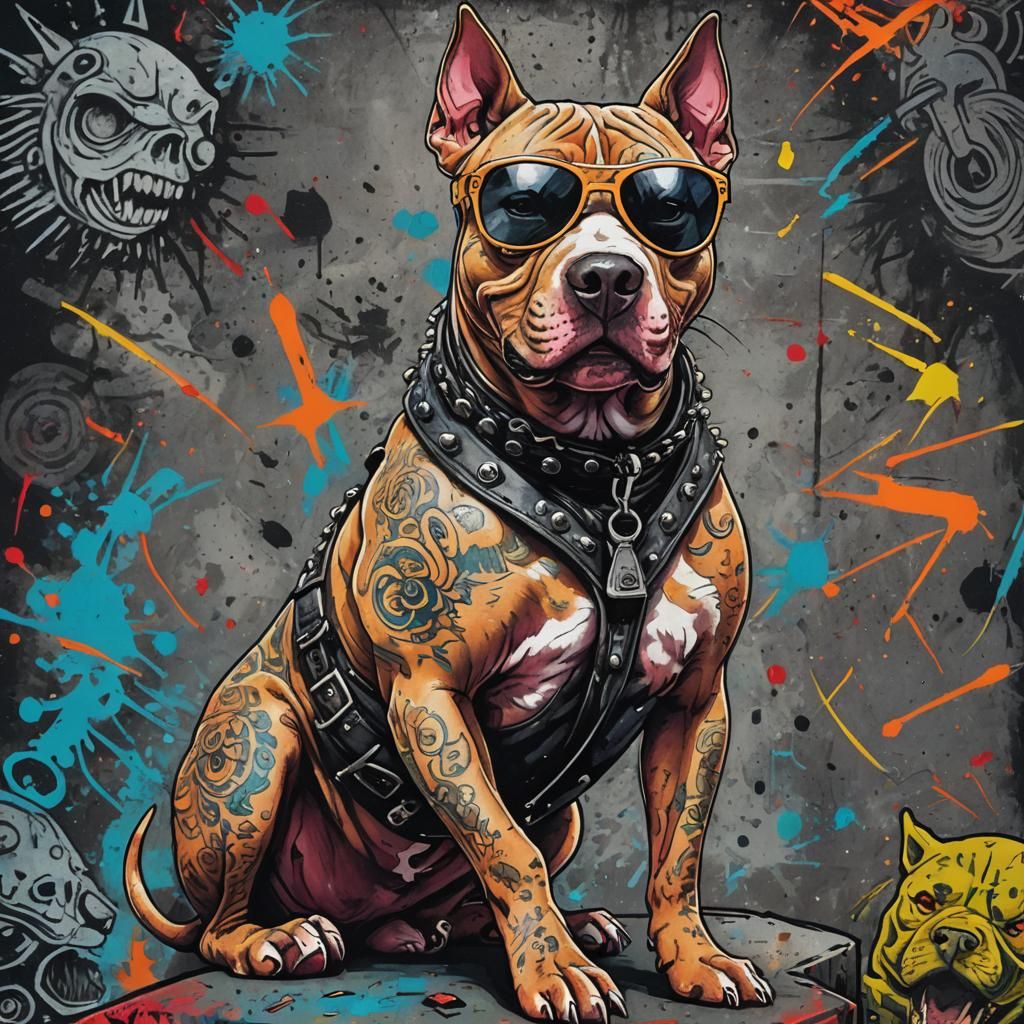 Tattooed Pit Bull Biker in Grunge Street Art