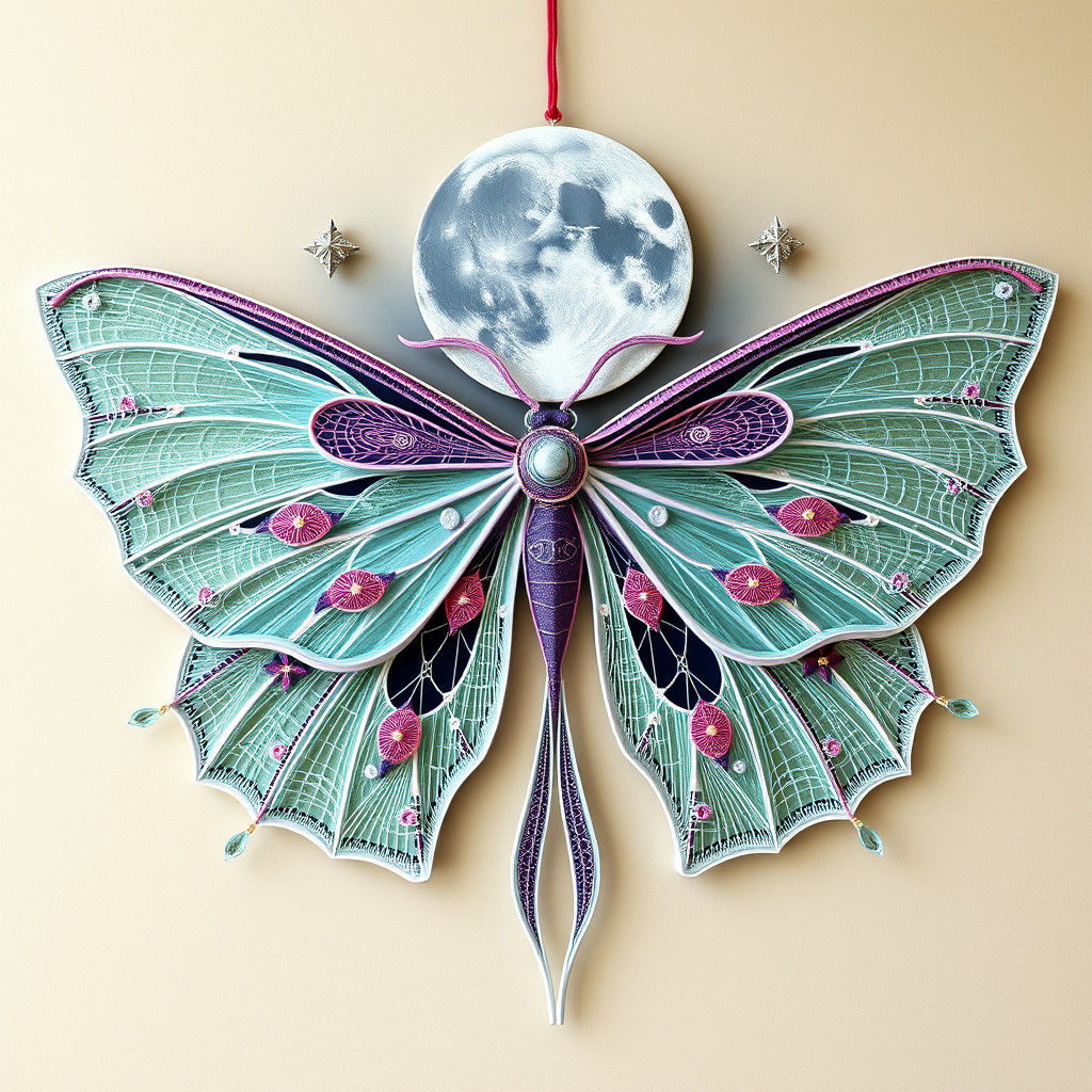 A lunar moth in string art features delicate, sweeping lines forming its pale mint wings, long tail-like extensions, and...