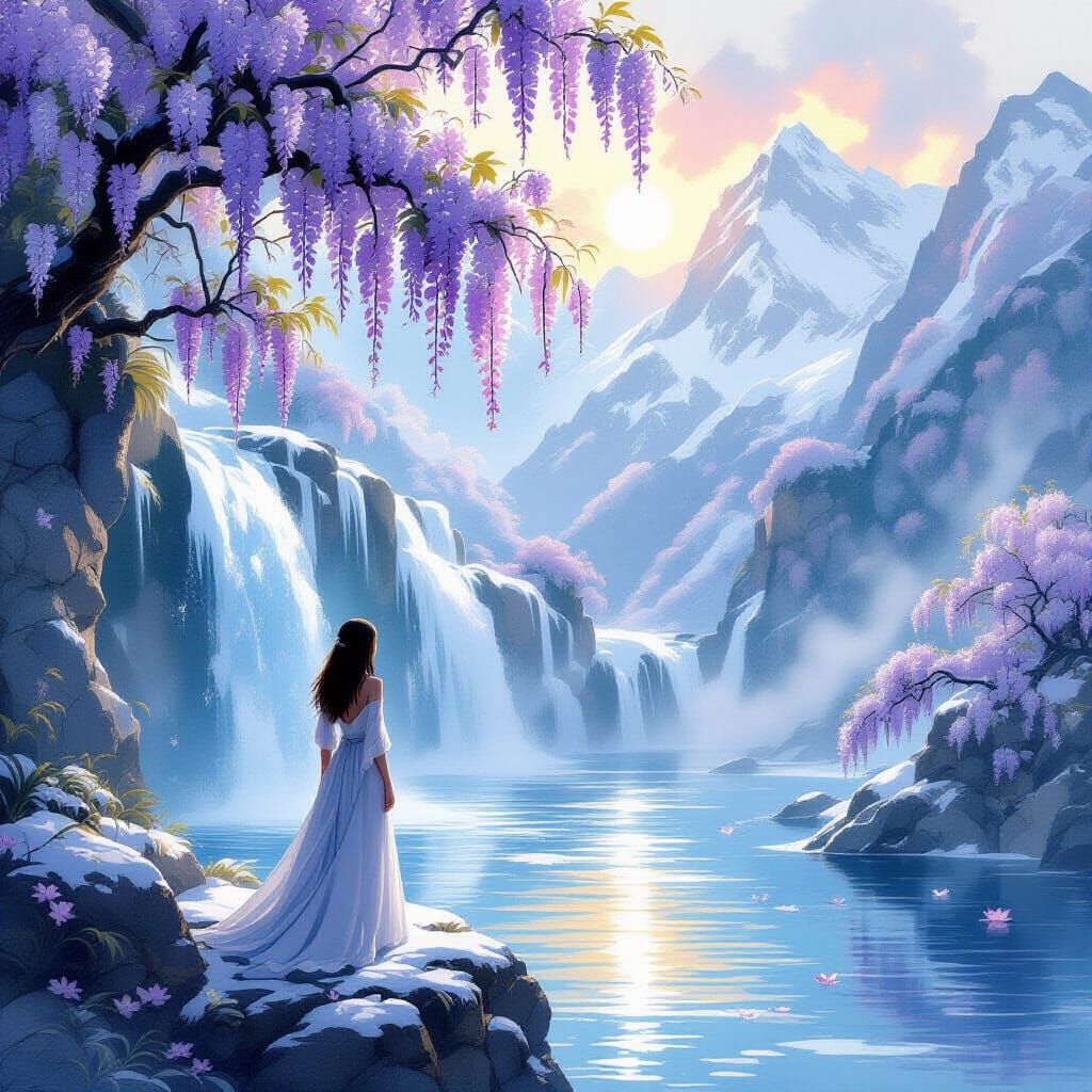 Ethereal Waterfall Scene in Pen and Ink