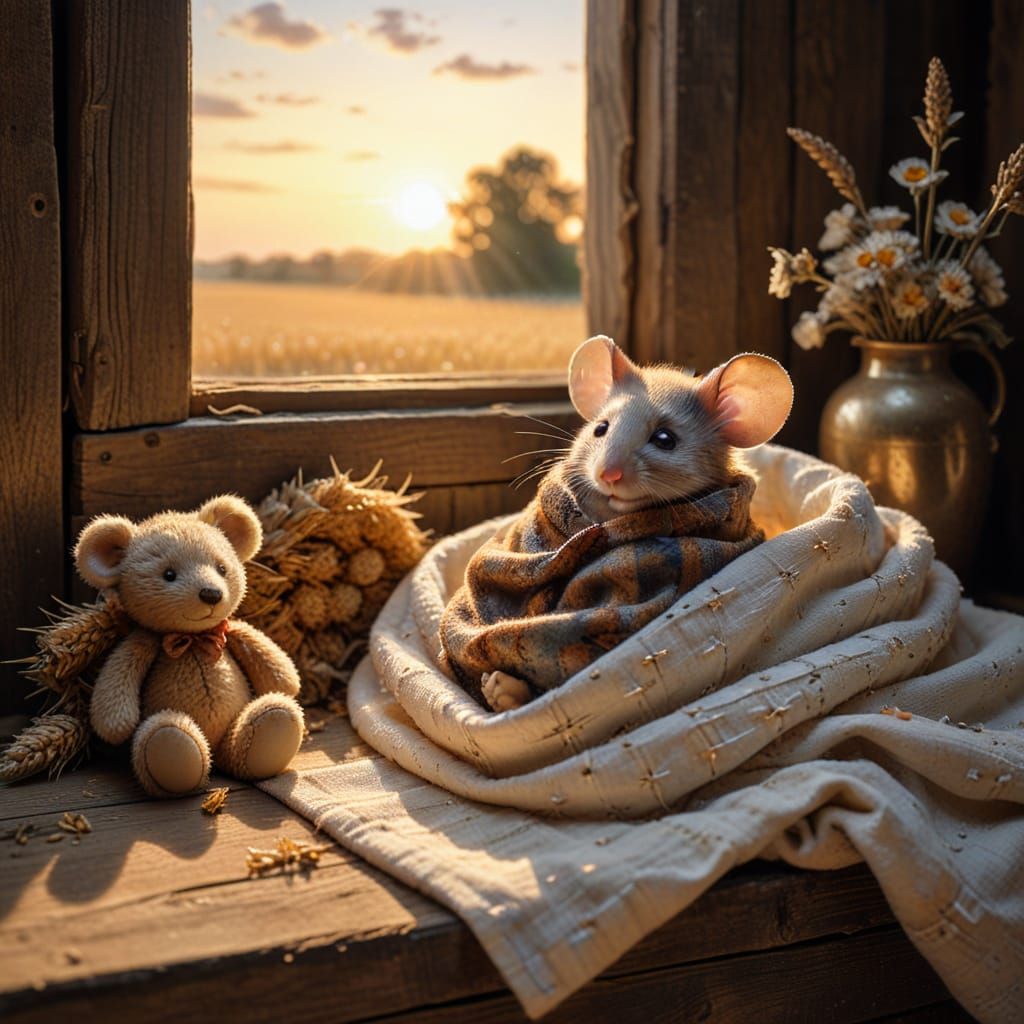 Cute Mouse in Barn, Sunrise Glow, as Klimt Painting