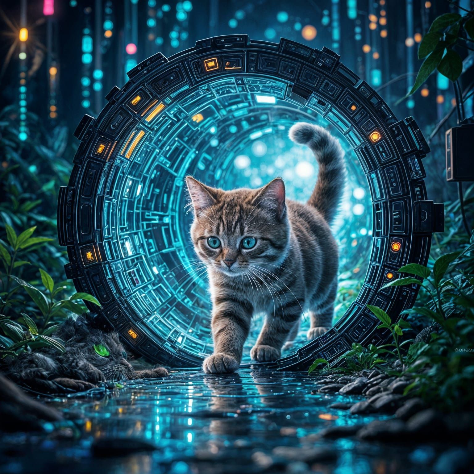 Cat Discovers Digital Portal as Oil Painting