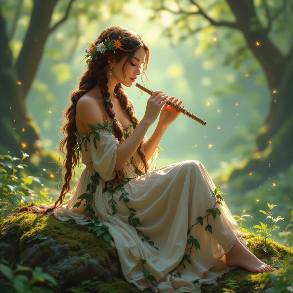 Woman with Flute in Forest, Art Nouveau Style