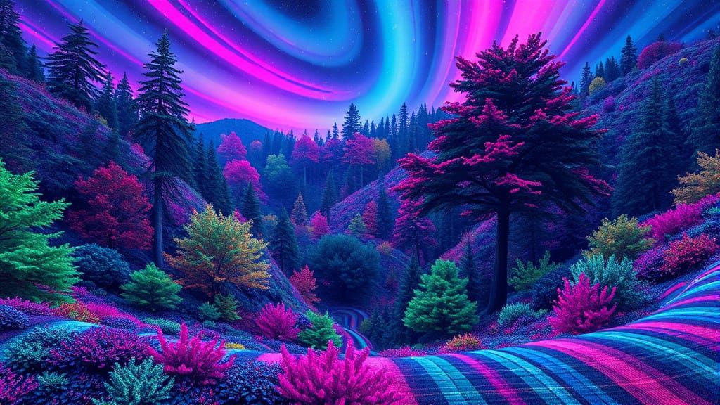 Rainbow Plaid Forest Under Bioluminescent Sky