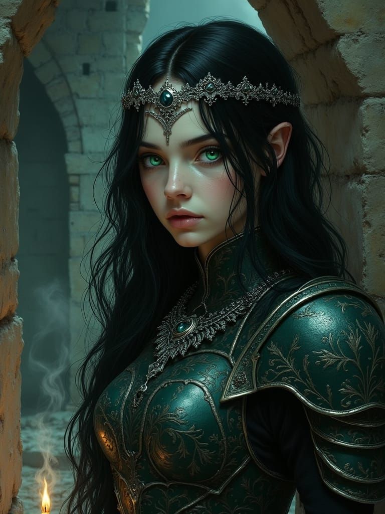 Ethereal Warrior Maiden in Dark, Mysterious Armor